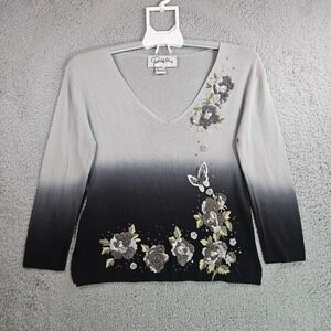 Parisline  Embroidered Top Women XL Bead Floral Butterfly Shade Gray - XL‎